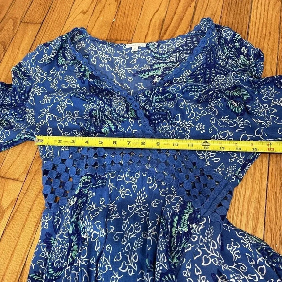 Poupette St Barth Joan Maxi Crochet Waist Dress in Blue Malva Bird Print XS - Picture 11 of 13